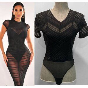 Sagaie Black Sheer Fitted Bodysuit Short Sleeve